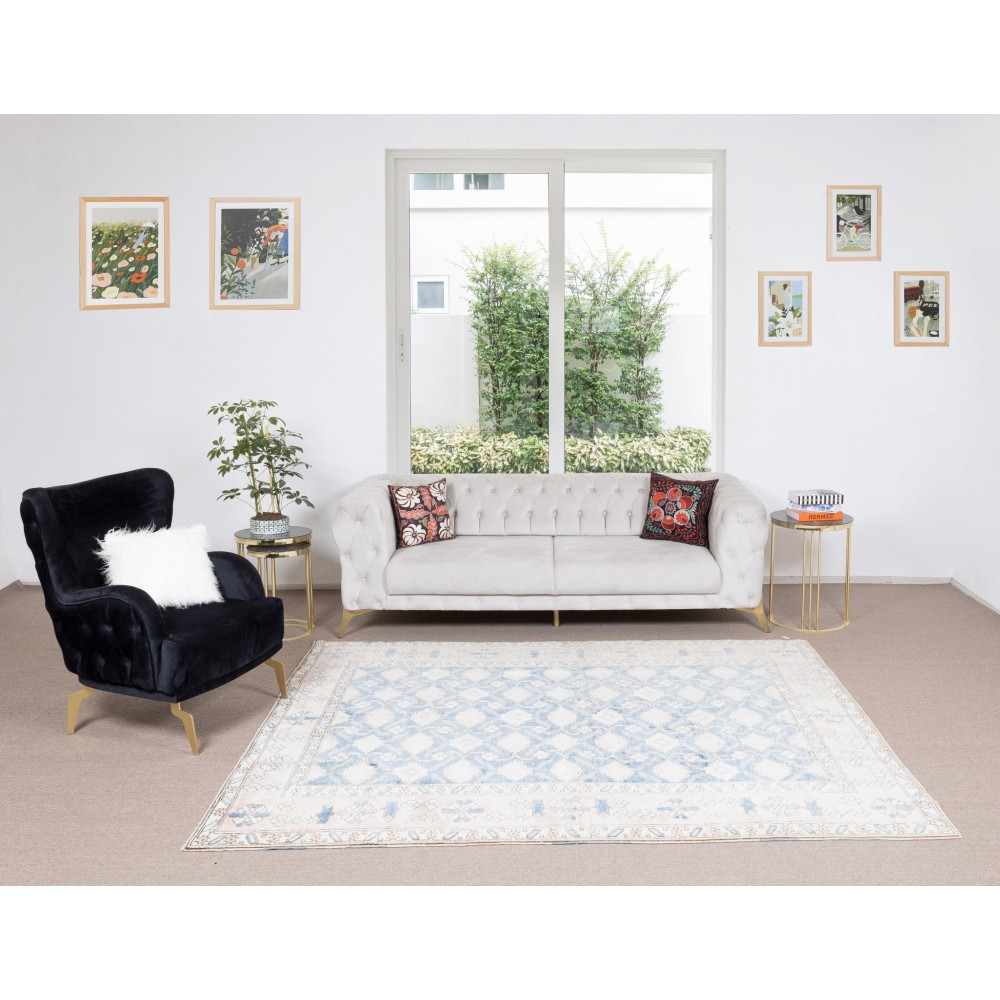 Handmade Turkish Area Rug, Authentic Floral Vintage Carpet