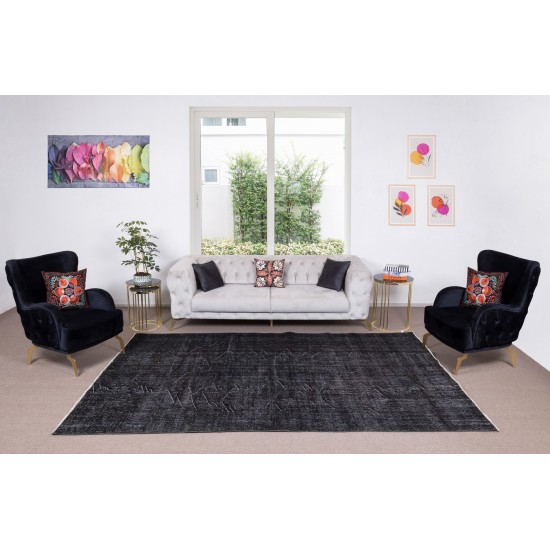 Hand-Knotted Vintage Turkish Area Rug Over-Dyed in Black, Ideal for Modern Home & Office Decor