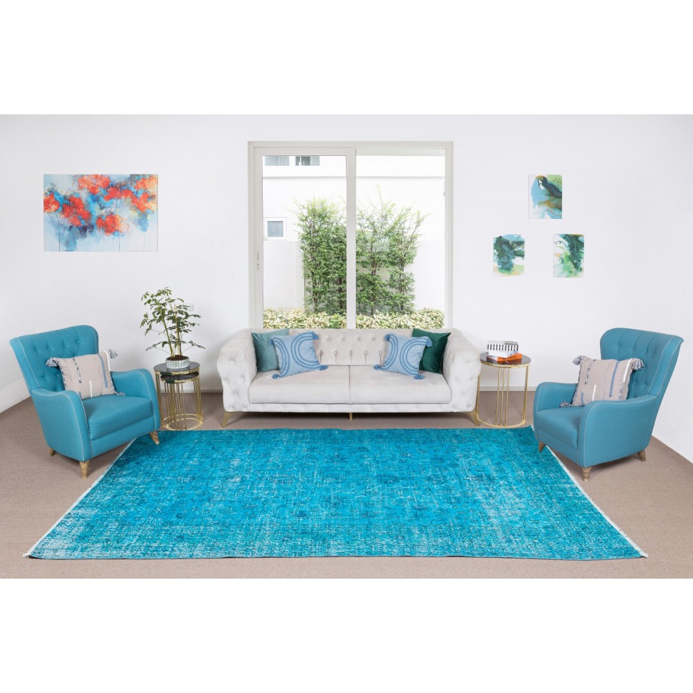 Traditional Handmade Vintage Turkish Area Rug Over-Dyed in Teal for Modern Interiors