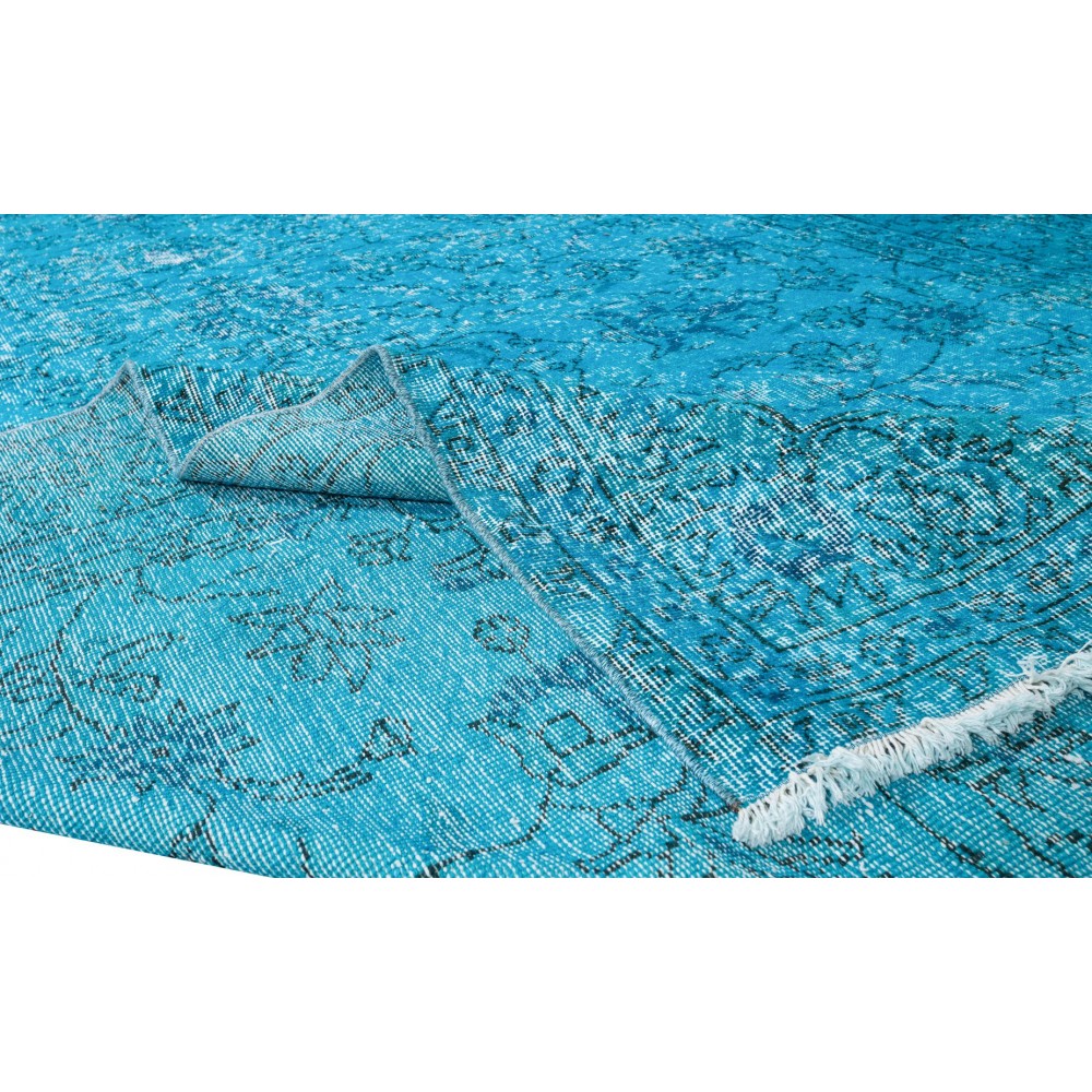 Traditional Handmade Vintage Turkish Area Rug Over-Dyed in Teal for Modern Interiors