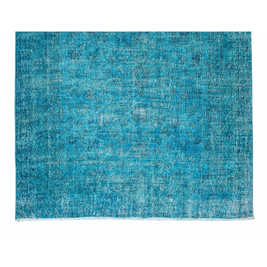 Traditional Handmade Vintage Turkish Area Rug Over-Dyed in Teal for Modern Interiors