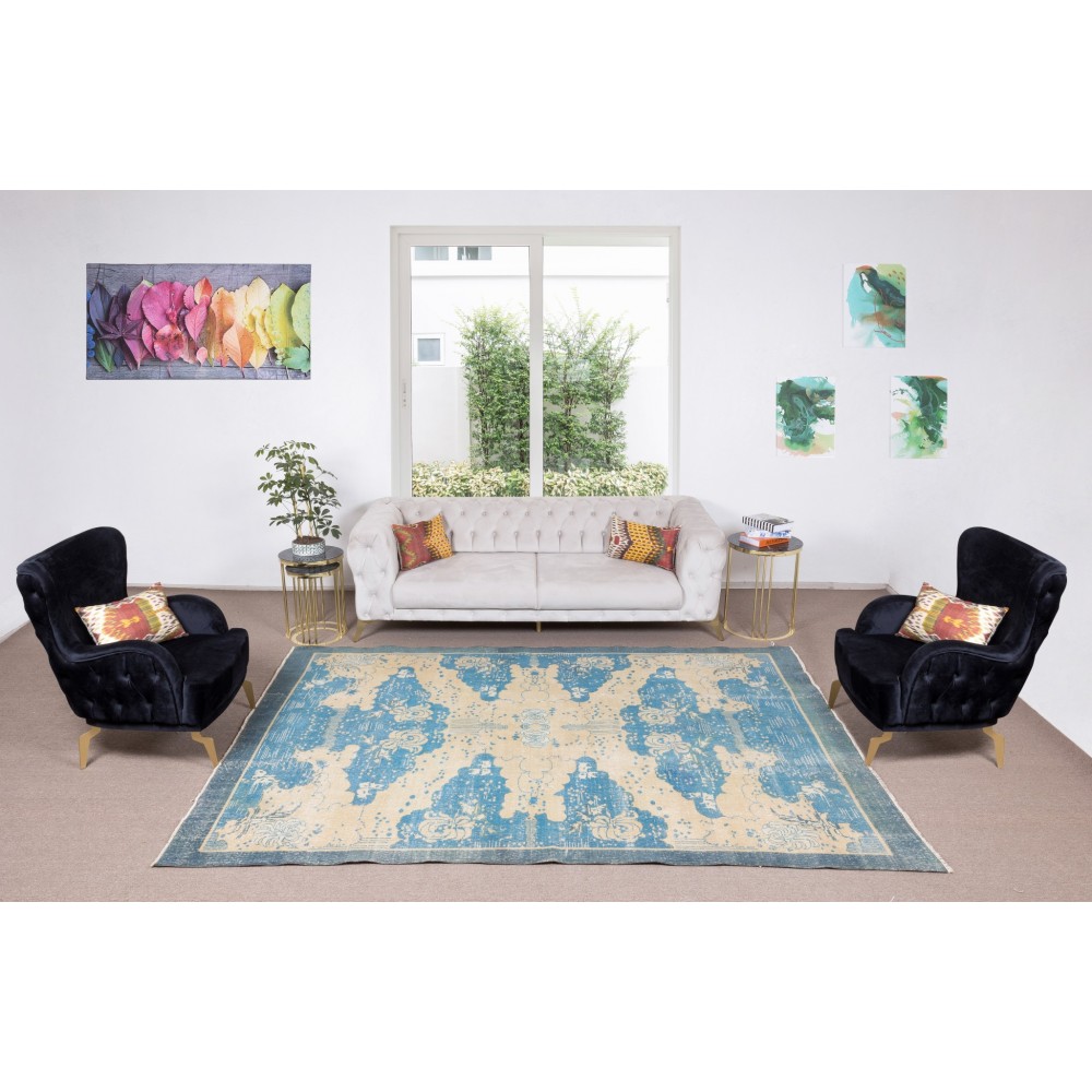 Vintage Chinese Art Deco Rug in Beige and Blue, Hand Knotted Wool Carpet
