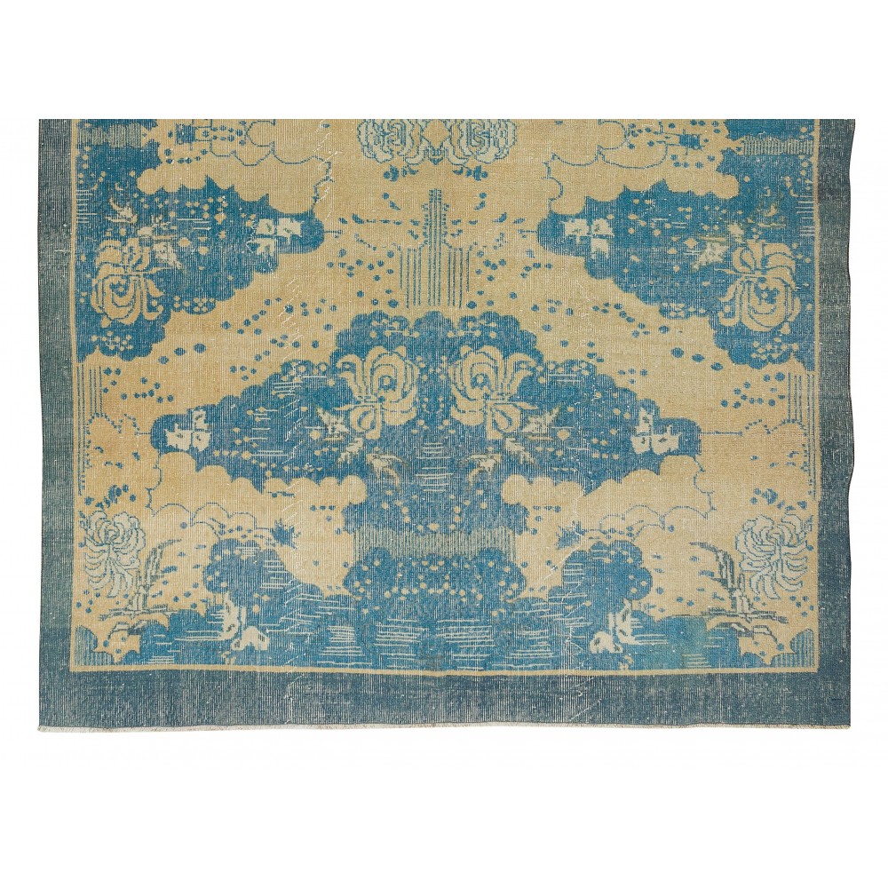 Vintage Chinese Art Deco Rug in Beige and Blue, Hand Knotted Wool Carpet
