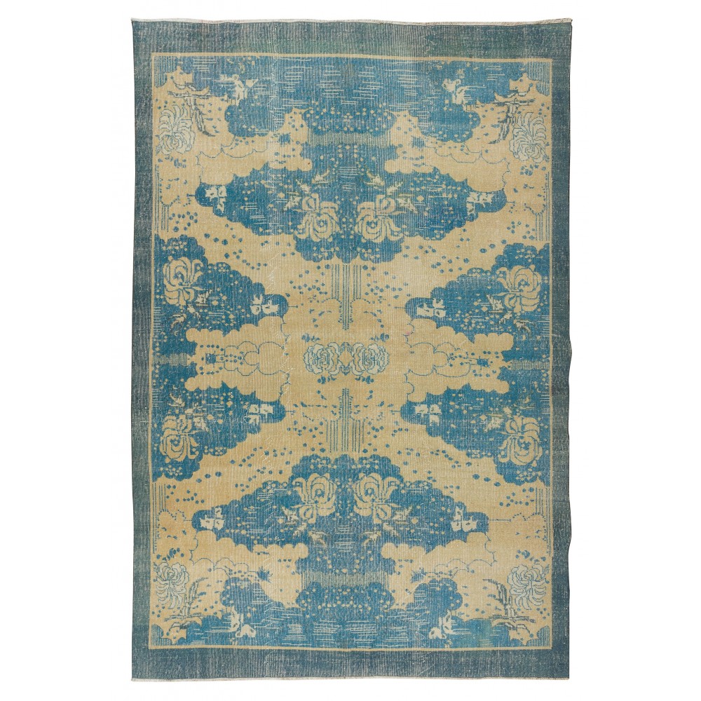 Vintage Chinese Art Deco Rug in Beige and Blue, Hand Knotted Wool Carpet