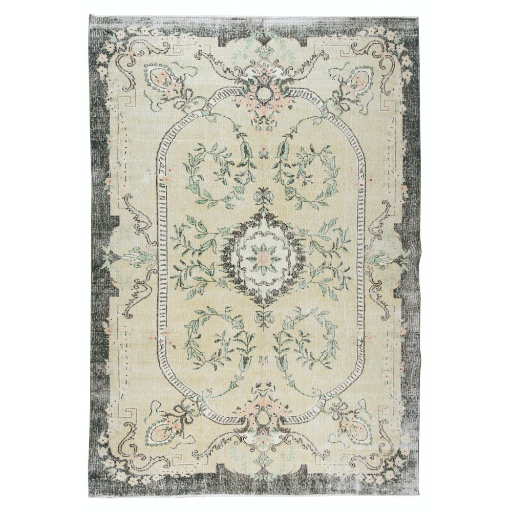 Vintage Handmade Turkish Oushak Wool Area Rug with Medallion Design