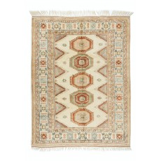 Vintage Hand-Knotted Turkish Geometric Medallion Rug in Ivory, Terracotta and Soft Blue, 100% Wool