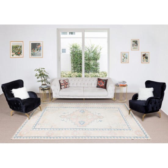 Hand Knotted Vintage Turkish Oushak Area Rug, Geometric Design Wool Carpet Hand Knotted Vintage Turkish Oushak Area Rug, Geometric Design Wool Carpet
