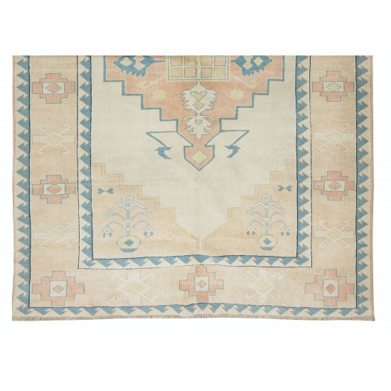 Hand Knotted Vintage Turkish Oushak Area Rug, Geometric Design Wool Carpet