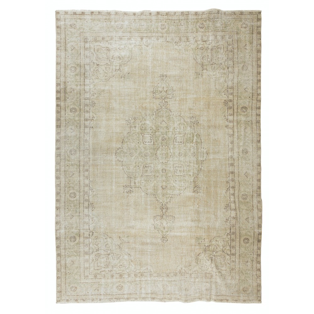 Vintage Handmade Wool Turkish Oushak Rug in Beige & Soft Faded Green