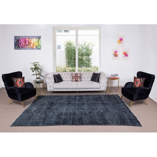 Black Over-Dyed Rug, Vintage Handmade Turkish Wool Carpet for Modern Interiors