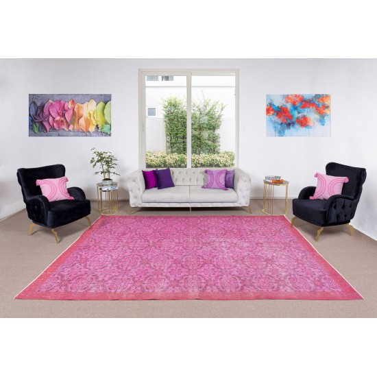 Elegant Vintage Turkish Wool Area Rug Over-Dyed in Pink, Handmade Floral Design Carpet