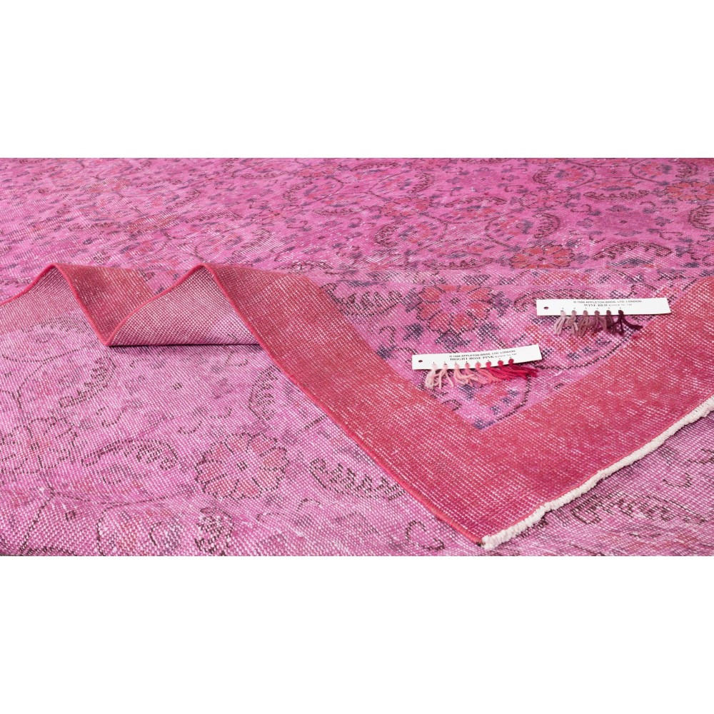 Elegant Vintage Turkish Wool Area Rug Over-Dyed in Pink, Handmade Floral Design Carpet
