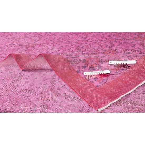 Elegant Vintage Turkish Wool Area Rug Over-Dyed in Pink, Handmade Floral Design Carpet Elegant Vintage Turkish Wool Area Rug Over-Dyed in Pink, Handmade Floral Design Carpet