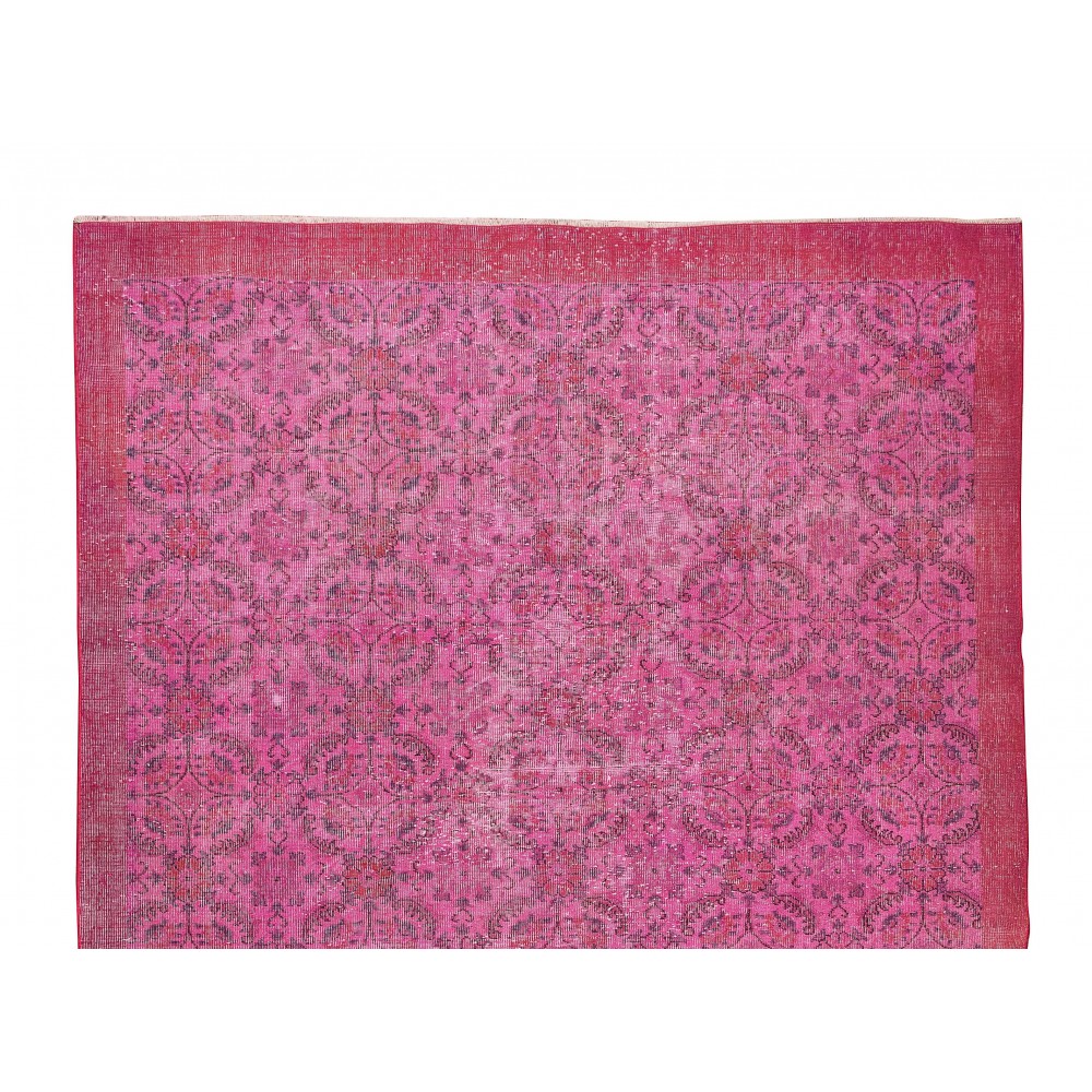 Elegant Vintage Turkish Wool Area Rug Over-Dyed in Pink, Handmade Floral Design Carpet