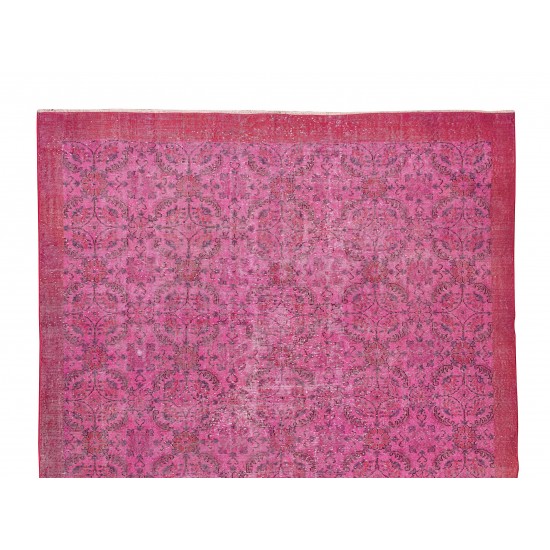 Elegant Vintage Turkish Wool Area Rug Over-Dyed in Pink, Handmade Floral Design Carpet