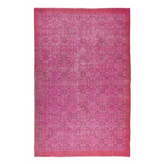 Elegant Vintage Turkish Wool Area Rug Over-Dyed in Pink, Handmade Floral Design Carpet