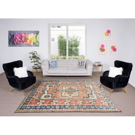 One-of-a-Kind Turkish Hand Knotted Rug, Traditional Geometric Design Vintage Wool Carpet