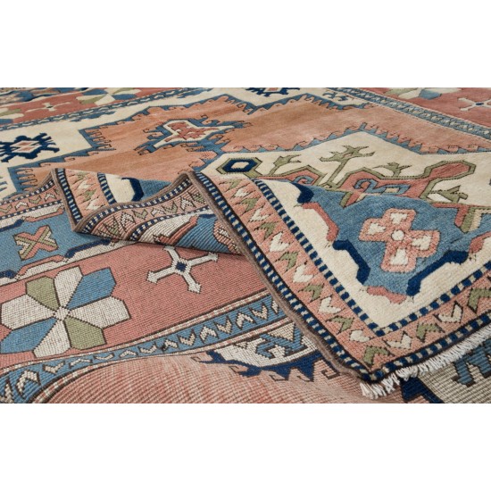 One-of-a-Kind Turkish Hand Knotted Rug, Traditional Geometric Design Vintage Wool Carpet