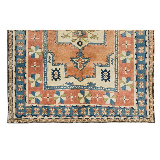 One-of-a-Kind Turkish Hand Knotted Rug, Traditional Geometric Design Vintage Wool Carpet