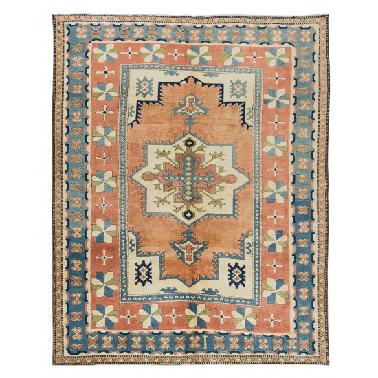 One-of-a-Kind Turkish Hand Knotted Rug, Traditional Geometric Design Vintage Wool Carpet