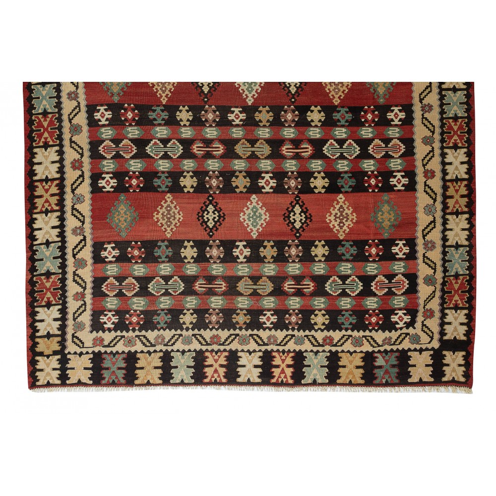 Vintage Authentic Hand-Woven Turkish Kilim Rug Made of Wool, Flat-Weave Floor Covering