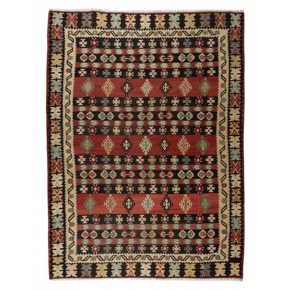 Vintage Authentic Hand-Woven Turkish Kilim Rug Made of Wool, Flat-Weave Floor Covering