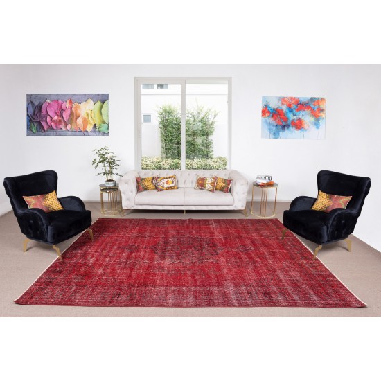 Hand Knotted Vintage Turkish Rug Over-Dyed in Red 4 Modern Interiors, Woolen Floor Covering