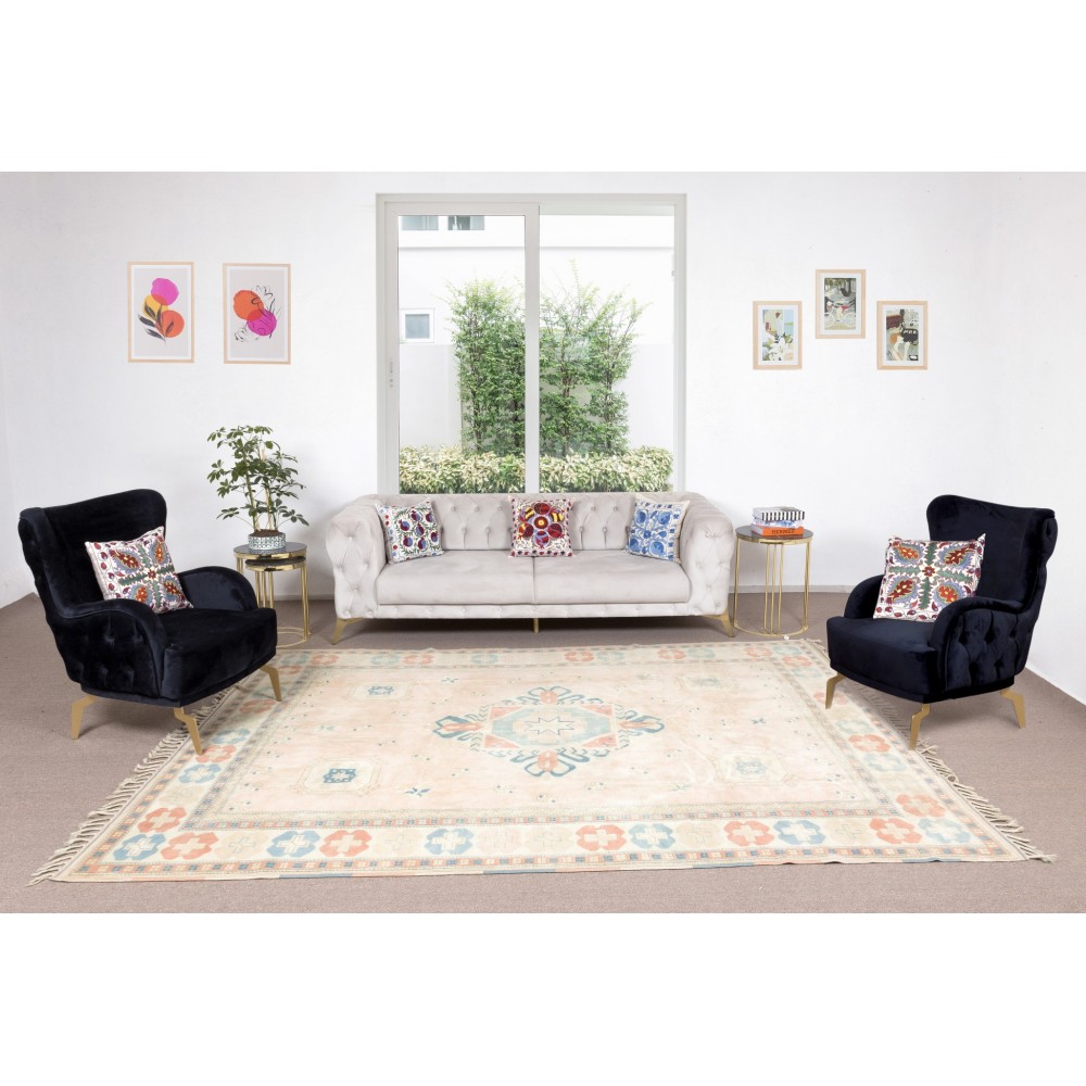 Modern Handmade Turkish Oushak Area Rug with Geometric Design, 100% Wool