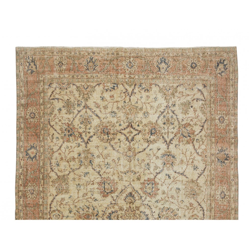 Vintage Hand-Knotted Turkish Oushak Wool Area Rug with Floral Design