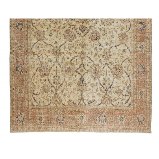 Vintage Hand-Knotted Turkish Oushak Wool Area Rug with Floral Design