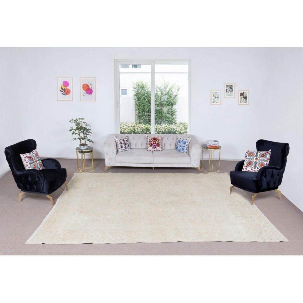 Unique Vintage Beige Large Area Rug, Sun Faded Handmade Turkish Carpet