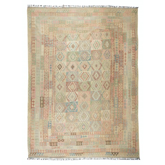 Large Vintage Hand-Woven Turkish Traditional Kilim Rug Made of Wool (Flat-Weave)