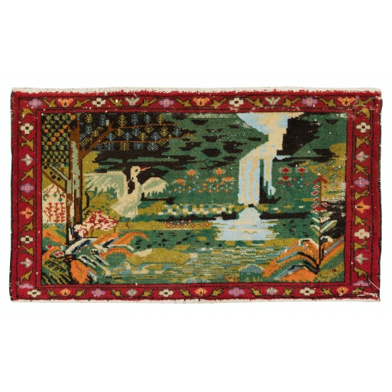 One of a Kind Wall Hanging, 1 of a Pair of Vintage Pictorial Rug