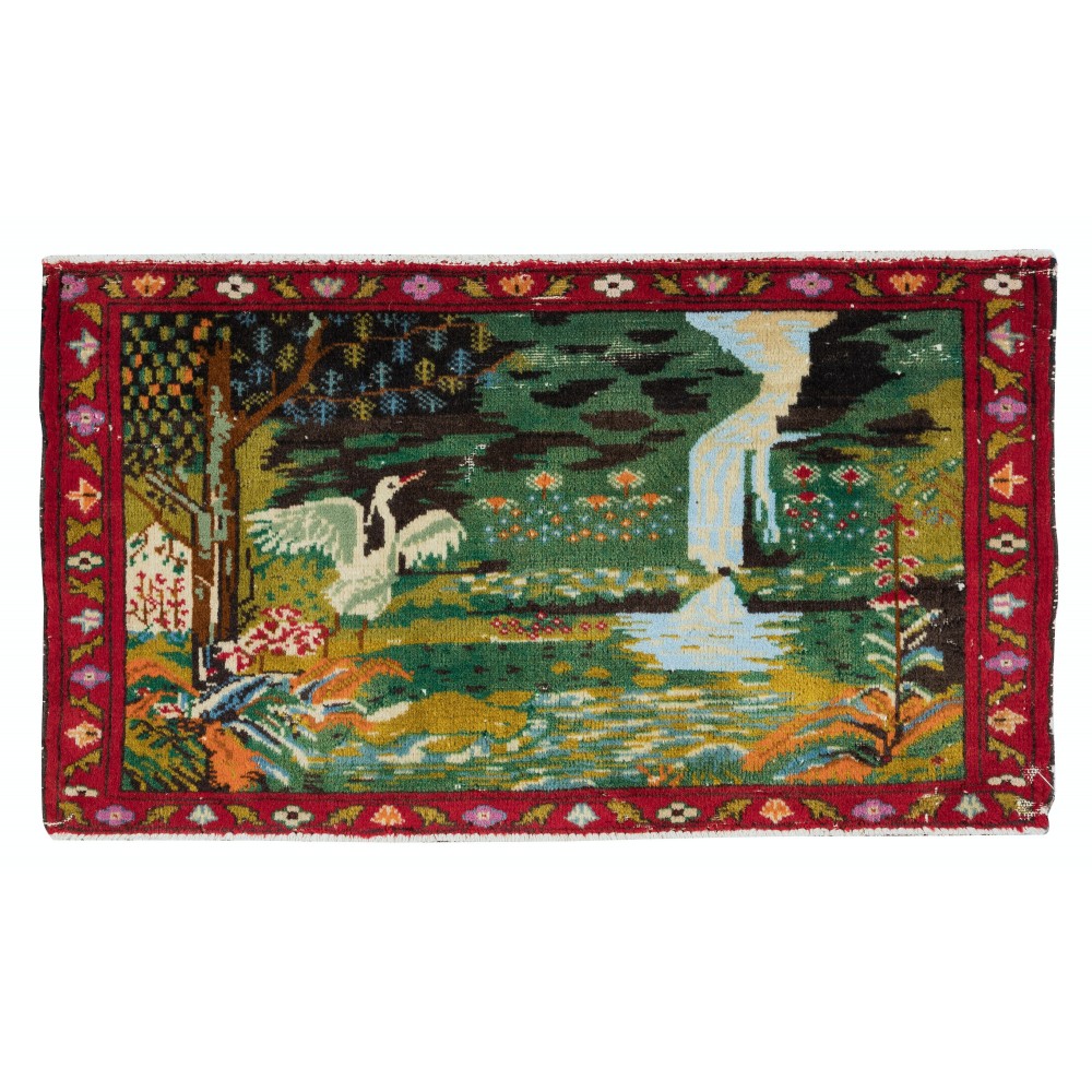 One of a Kind, 1 of a Pair of Vintage Pictorial Rug, Wall Hanging
