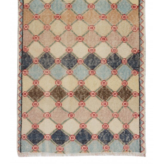 Multicolor Hand Knotted Geometric Vintage Rug from Turkey