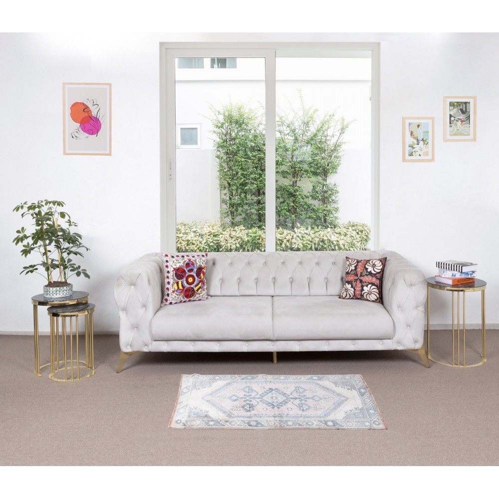 Vintage Turkish Accent Rug with Soft Colors, Handmade Bath Mat, Decorative Door Mat. 100% Wool