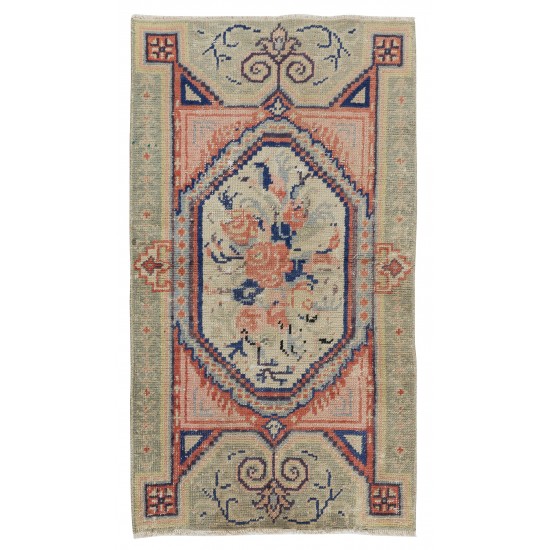 Old Handmade Turkish Accent Rug with Floral Design, Authentic Small Rug