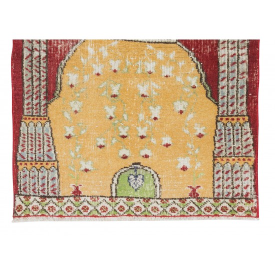 Prayer Rug with Mosque Motif, Vintage Handmade Rug, Turkish Prayer Mat