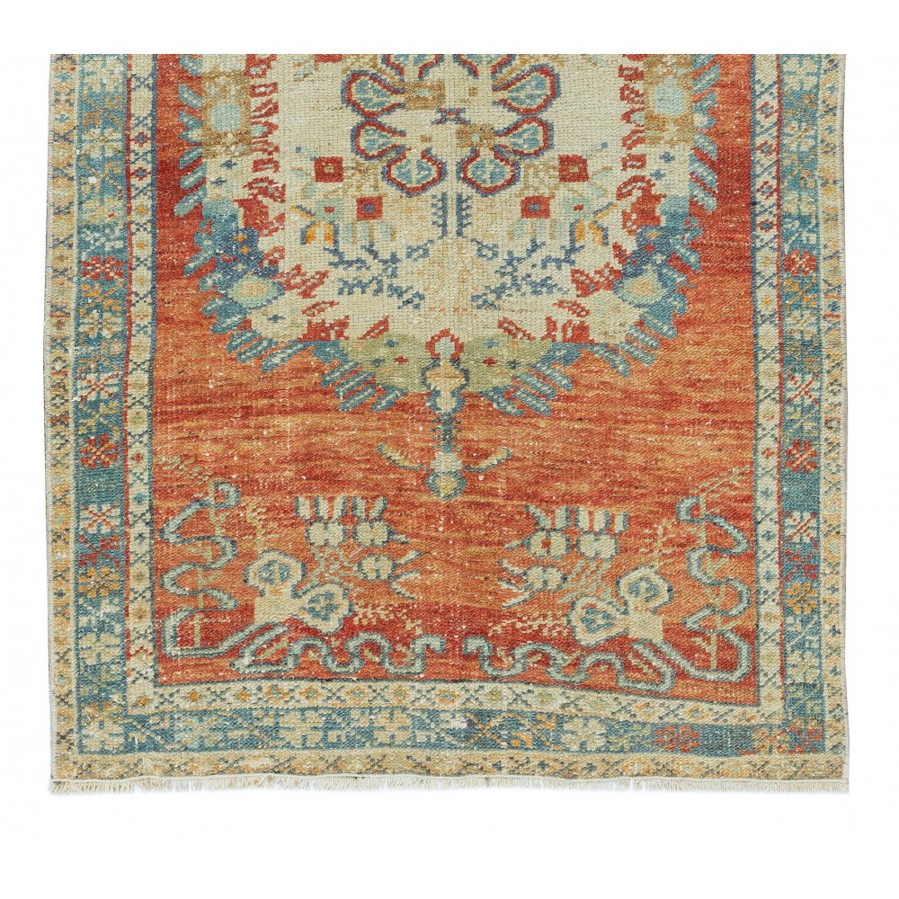 Vintage Hand Knotted Turkish Accent Rug, Circa 1960, Medallion Pattern Small Rug
