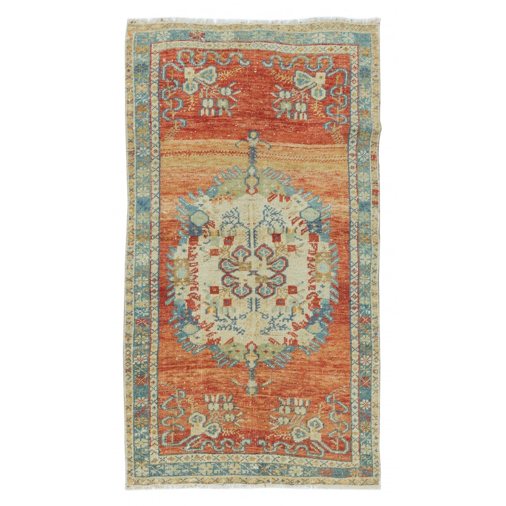 Vintage Hand Knotted Turkish Accent Rug, Circa 1960, Medallion Pattern Small Rug