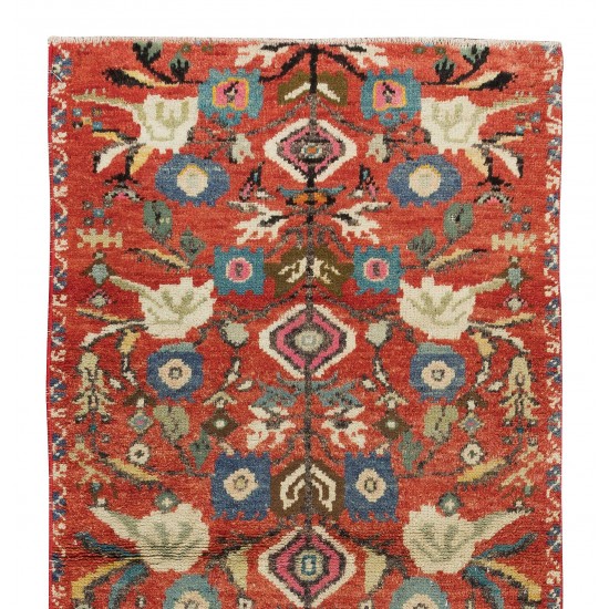 Floral Motif Vintage Hand Knotted Small Runner Rug from Turkey, Ca 1960 Floral Motif Vintage Hand Knotted Small Runner Rug from Turkey, Ca 1960