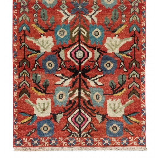 Floral Motif Vintage Hand Knotted Small Runner Rug from Turkey, Ca 1960 Floral Motif Vintage Hand Knotted Small Runner Rug from Turkey, Ca 1960