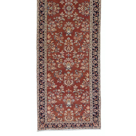 Turkish Hand Knotted Hallway Runner Rug with Floral Motif, Vintage Corridor Carpet