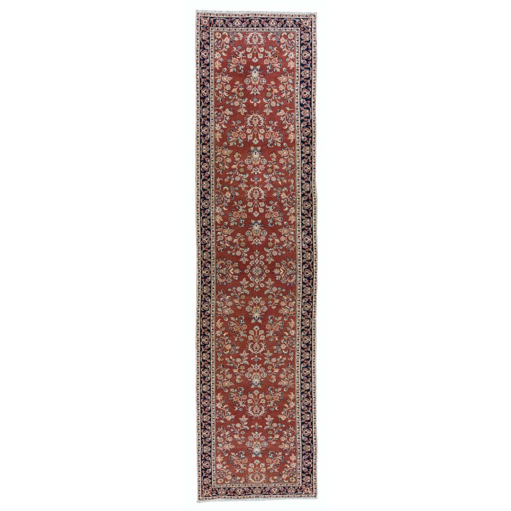Turkish Hand Knotted Hallway Runner Rug with Floral Motif, Vintage Corridor Carpet