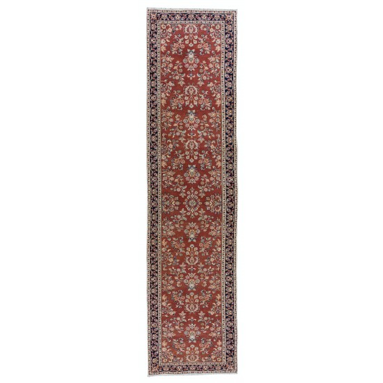 Turkish Hand Knotted Hallway Runner Rug with Floral Motif, Vintage Corridor Carpet