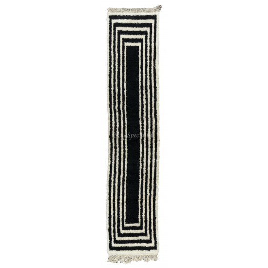 Hand-Knotted "Tulu" Runner Rug Made of Black & Cream Wool, Custom Options Available