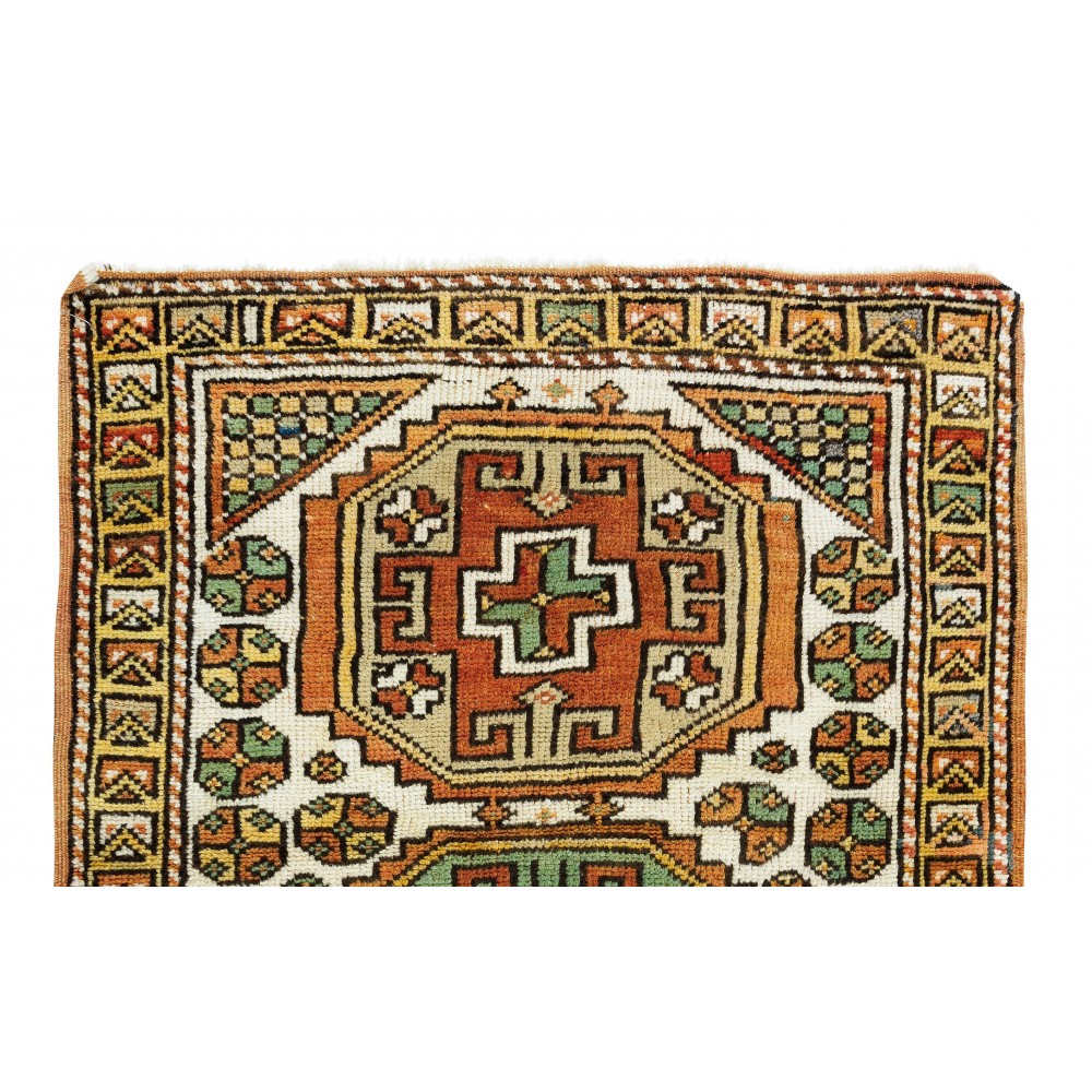 Vintage Hand Knotted Accent Rug, Authentic Geometric Pattern Turkish Small Carpet