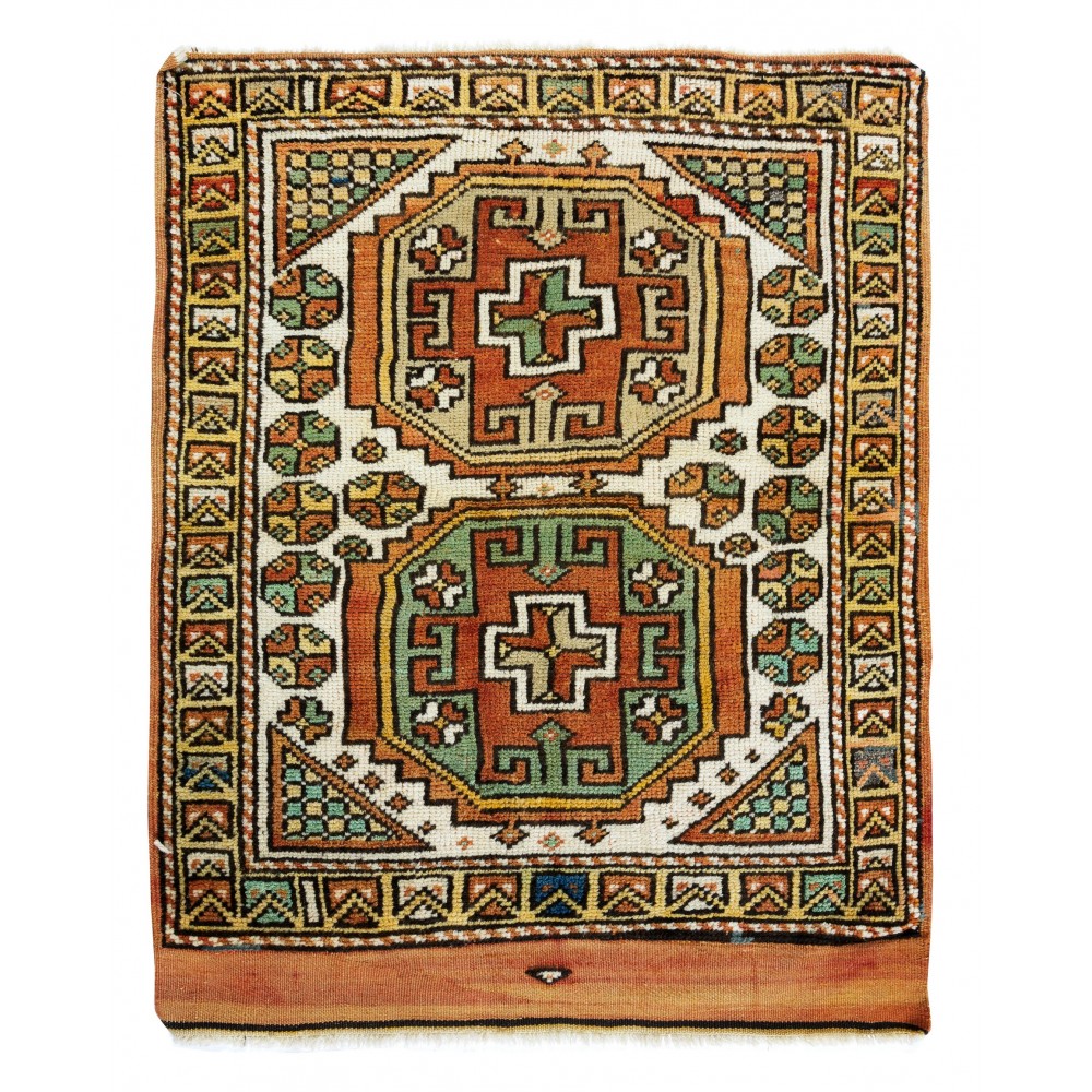 Vintage Hand Knotted Accent Rug, Authentic Geometric Pattern Turkish Small Carpet