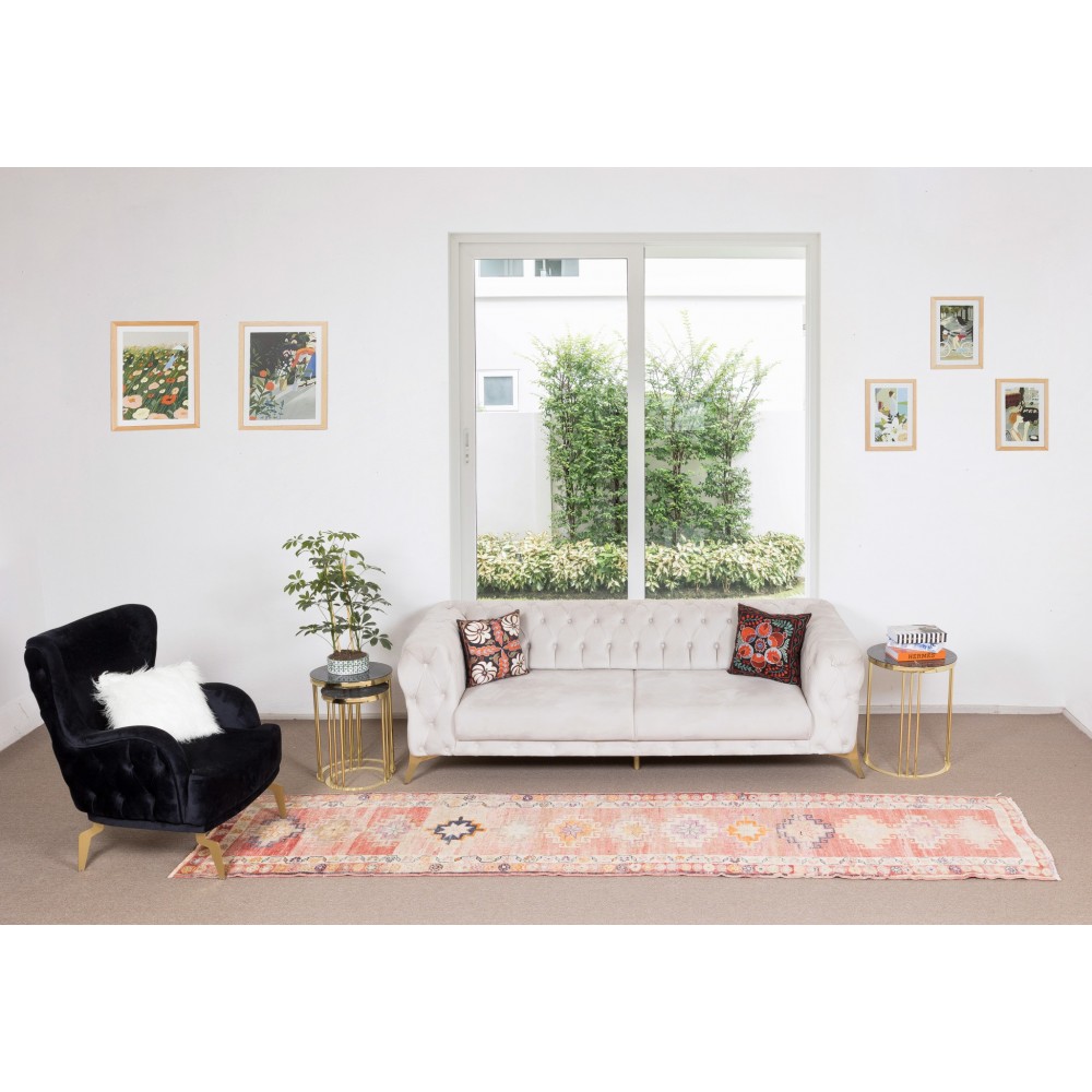 Traditional Hand Knotted Turkish Hallway Runner Rug, Mid-Century Geometric Pattern Corridor Carpet