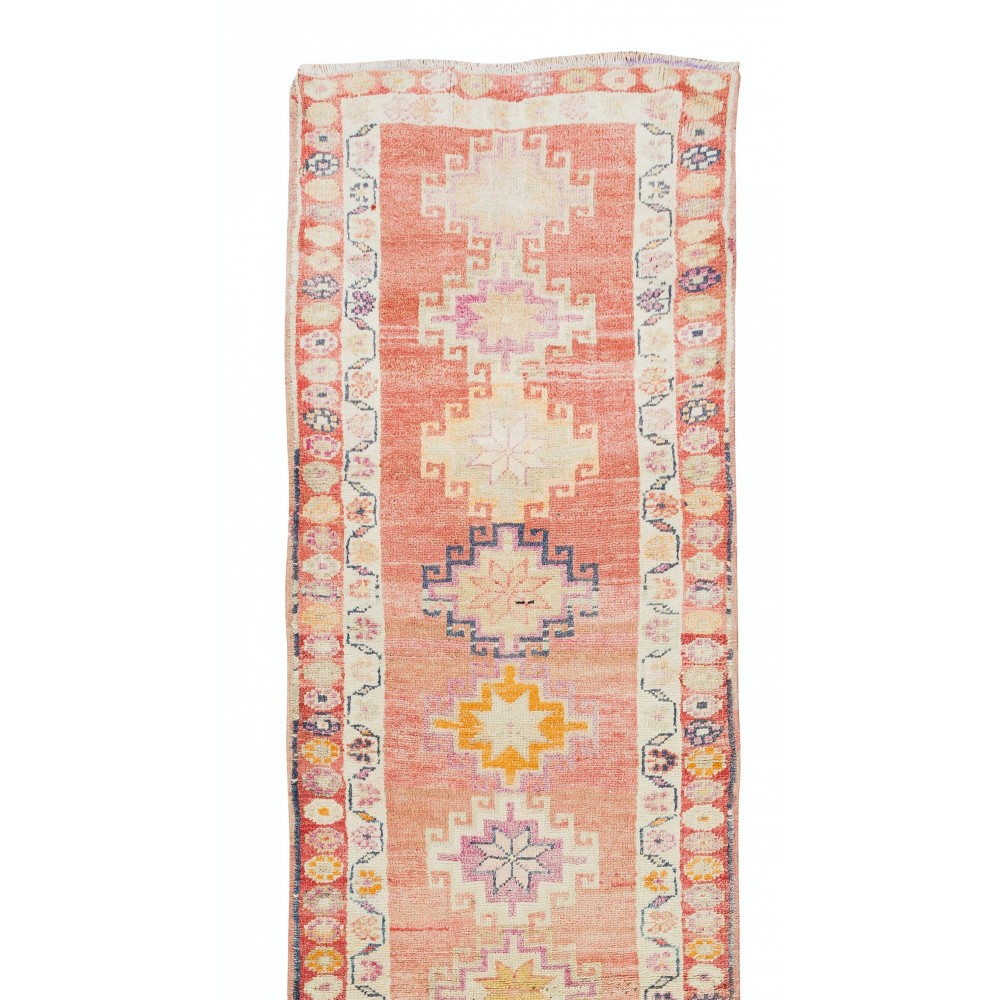 Traditional Hand Knotted Turkish Hallway Runner Rug, Mid-Century Geometric Pattern Corridor Carpet